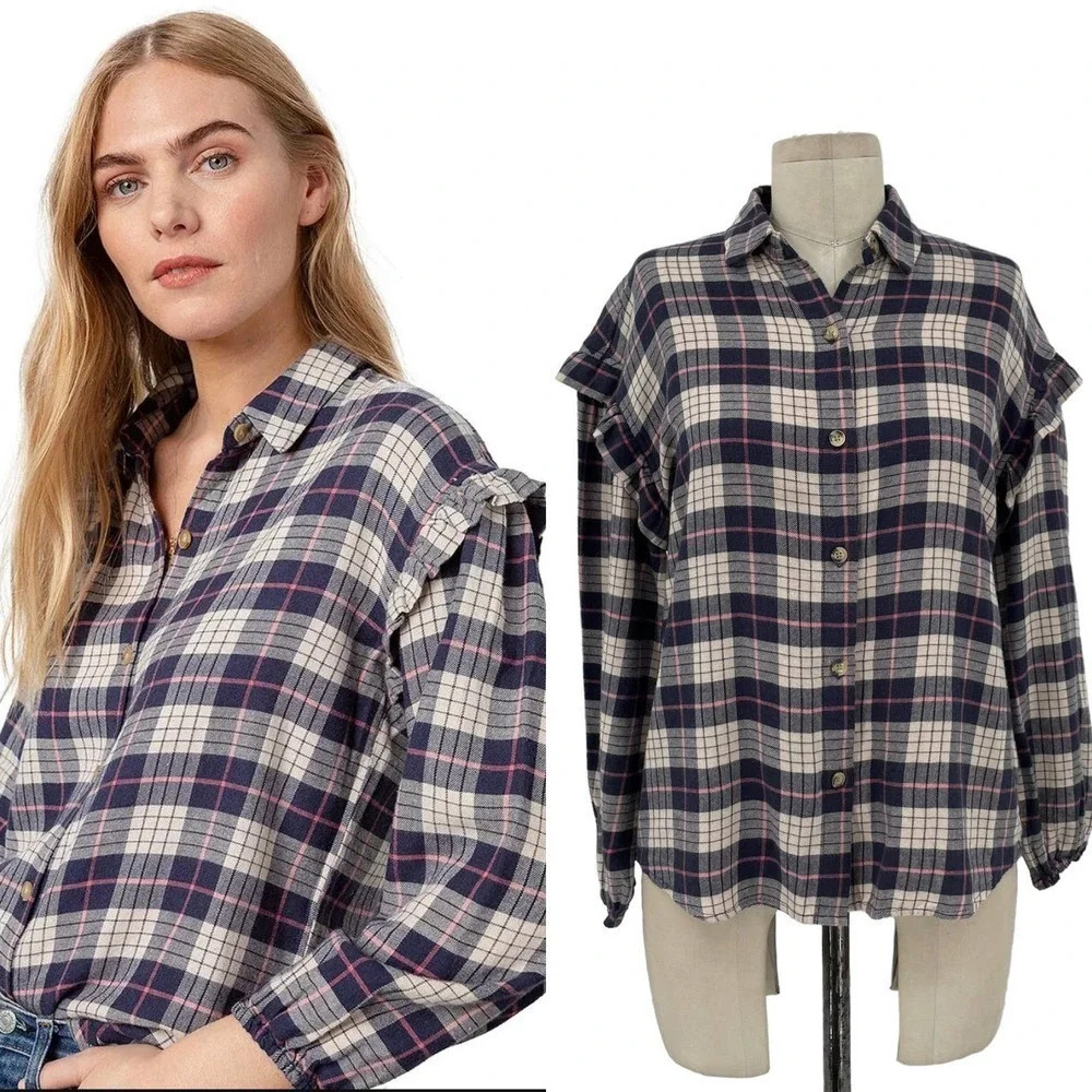 Rails Willow Ruffle Button Up Shirt Almond Pink Navy Size XS
